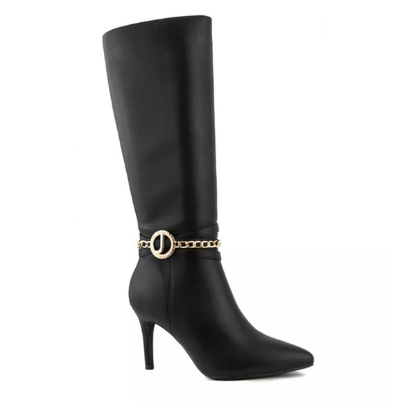 NEW JONES NEW YORK FAUX LEATHER GOLD CHAIN LOGO TALL Harness BOOT SZ-10 - Picture 2 of 10